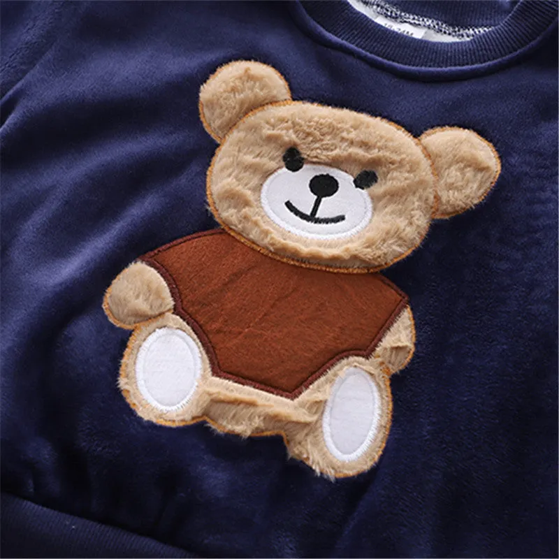 2pcs Baby Boy 95% Cotton Long-sleeve Cartoon Bear Pattern Thickened Fleece Lined Pullover and Trousers Set