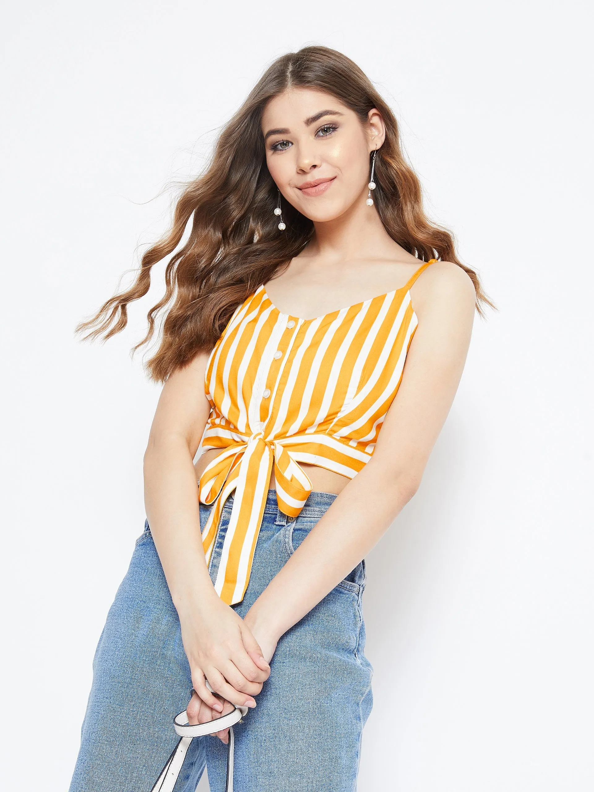Berrylush Women Yellow & White Striped Print V-Neck Waist Tie-Up Cropped Top