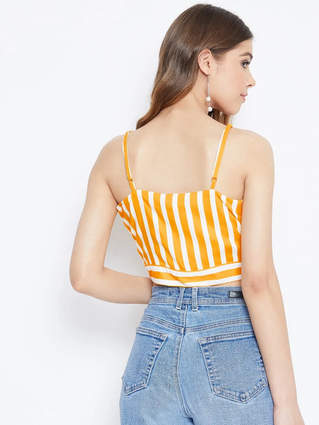 Berrylush Women Yellow & White Striped Print V-Neck Waist Tie-Up Cropped Top