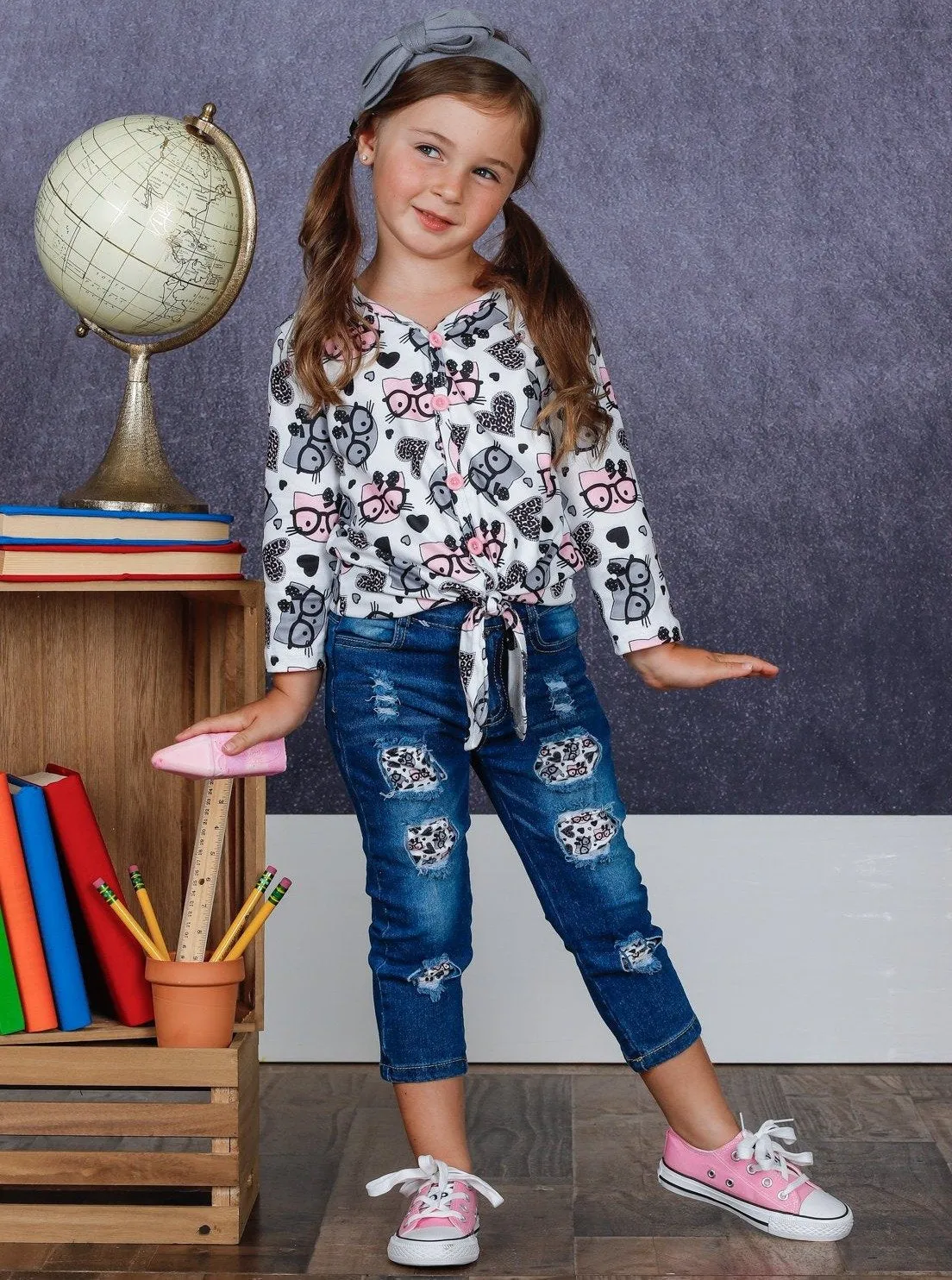 Girls Buttoned Knot Tie Top and Patched Jeans Set