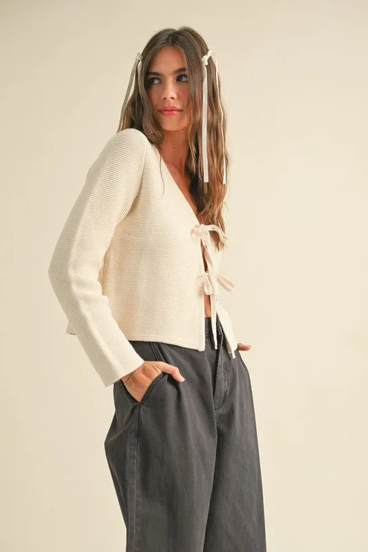Waitlist 4/20 ♥ Joelle Long Sleeve Bow Tie Knit Cardigan Sweater Beige