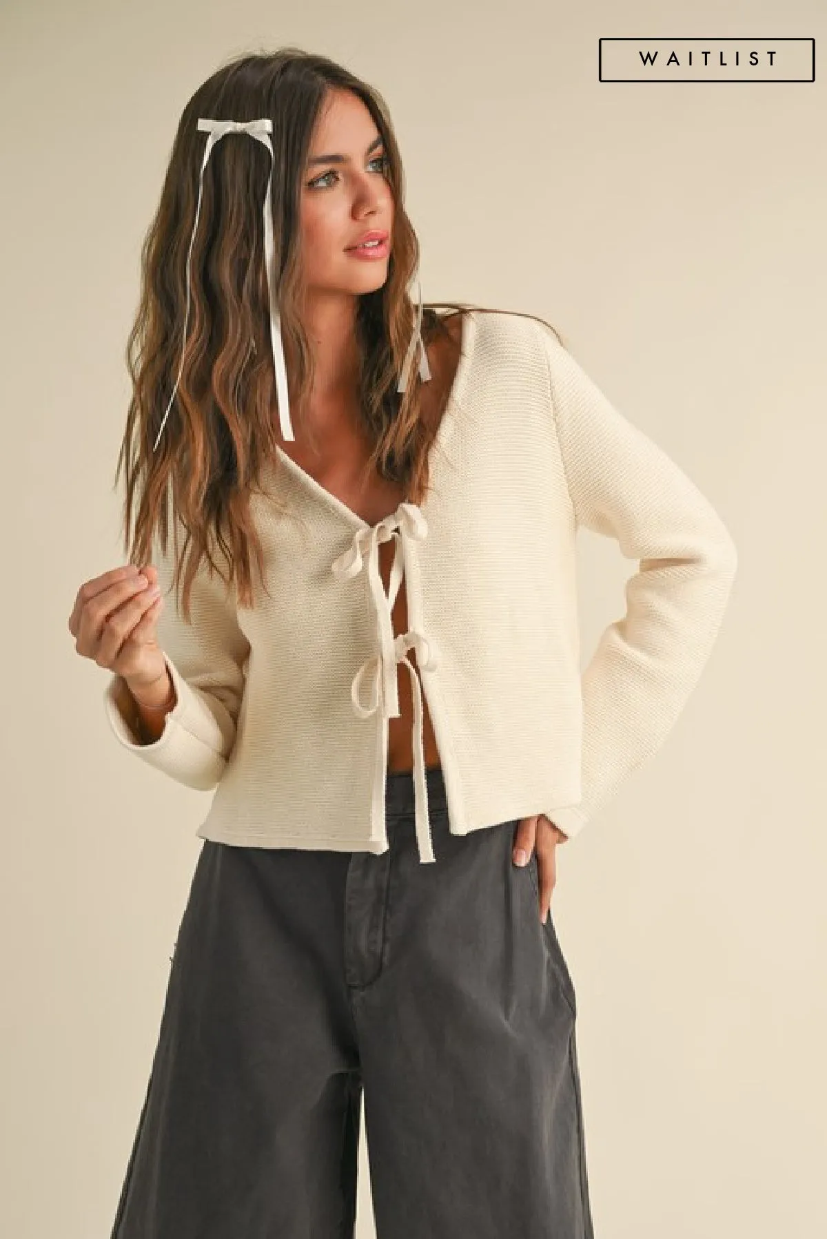 Waitlist 4/20 ♥ Joelle Long Sleeve Bow Tie Knit Cardigan Sweater Beige
